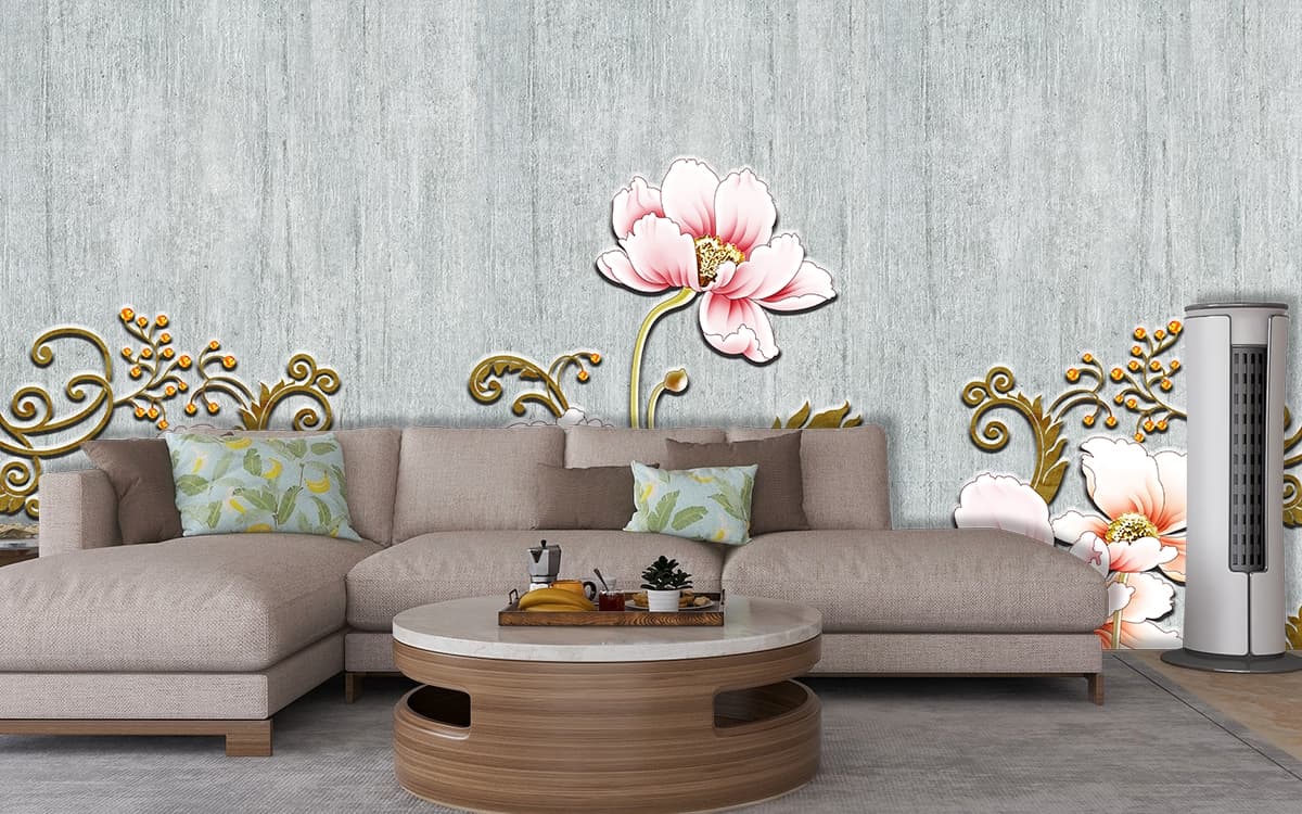 A Vintage Wallpaper with Gray Background and Floral Flowers shown in a room