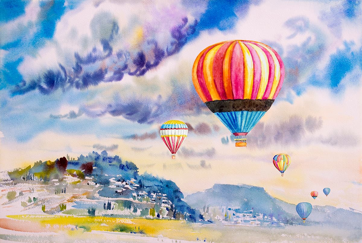 Watercolor Hot Air Balloons in the Sky Wallpaper pattern detail