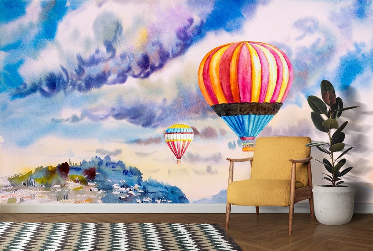 Watercolor Hot Air Balloons in the Sky Wallpaper shown in a room