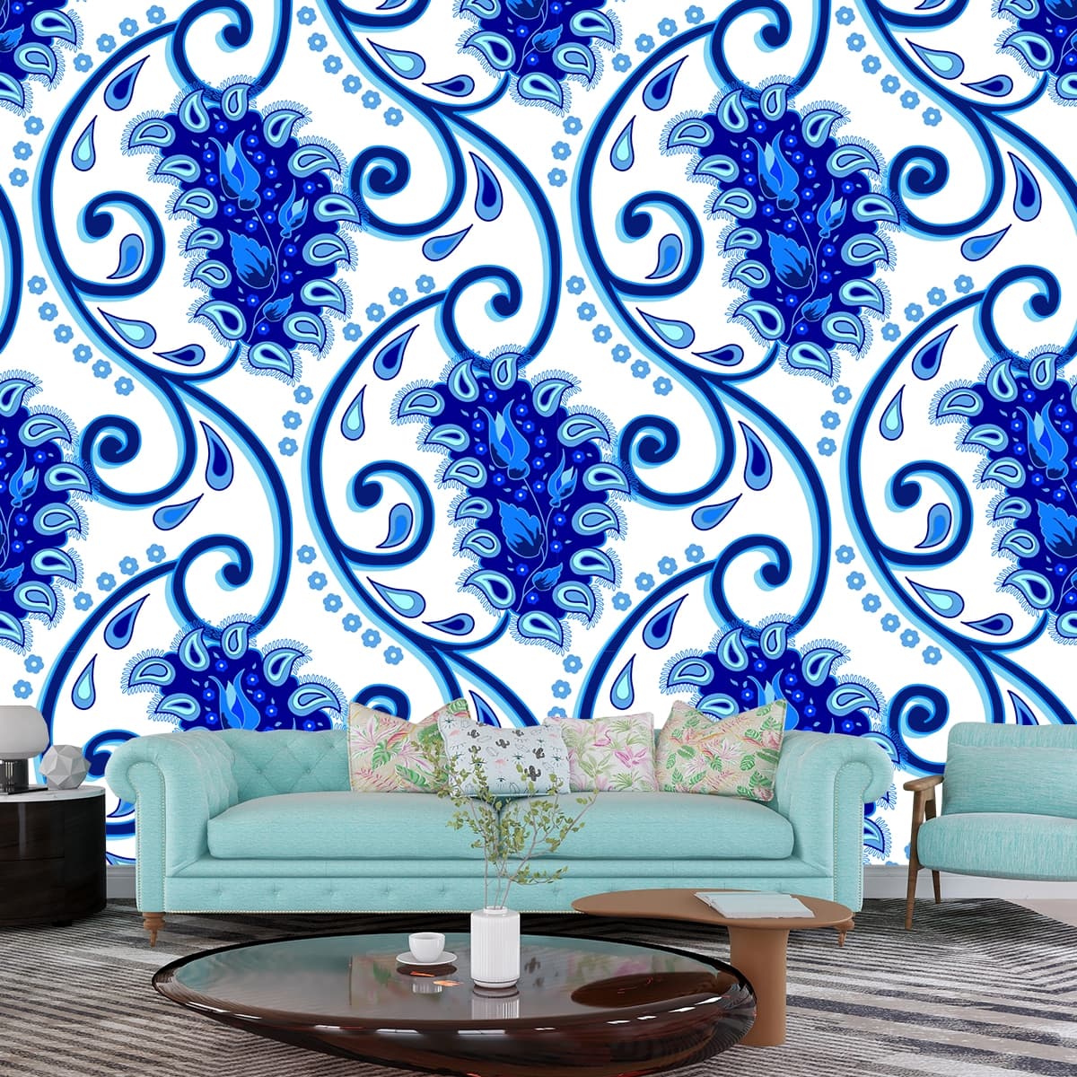 Blue Paisely Porcelain Wallpaper for Walls shown in a room