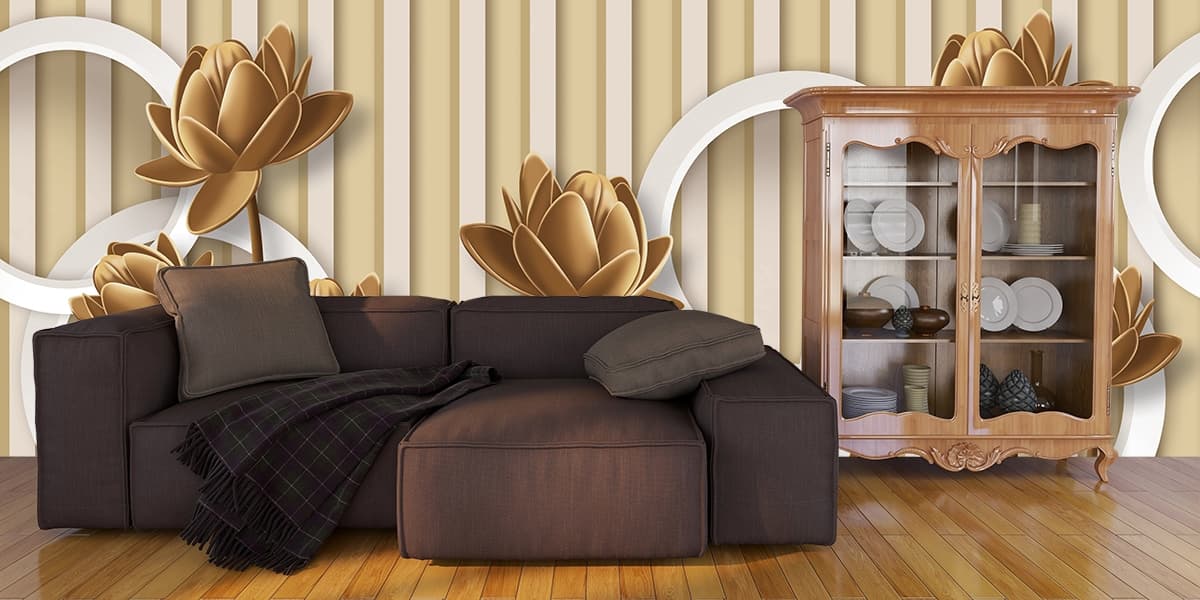 Premium Golden Floral and Circle Pattern Wallpaper shown in a room