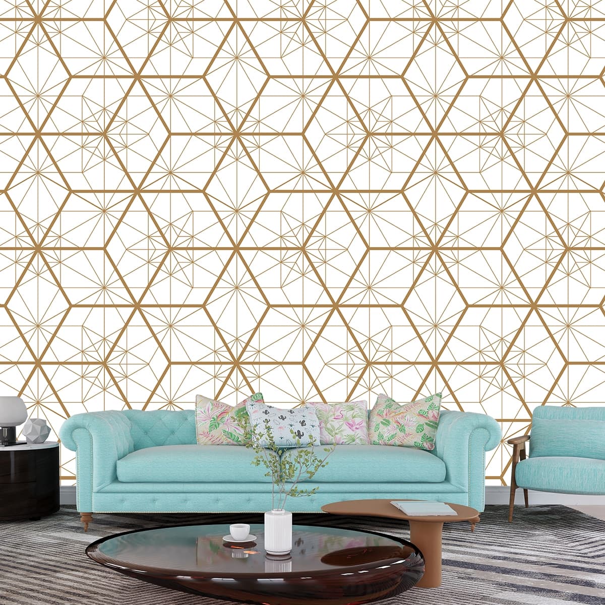 White Hexagons and Squares Wallpaper for Drawing Room shown in a room