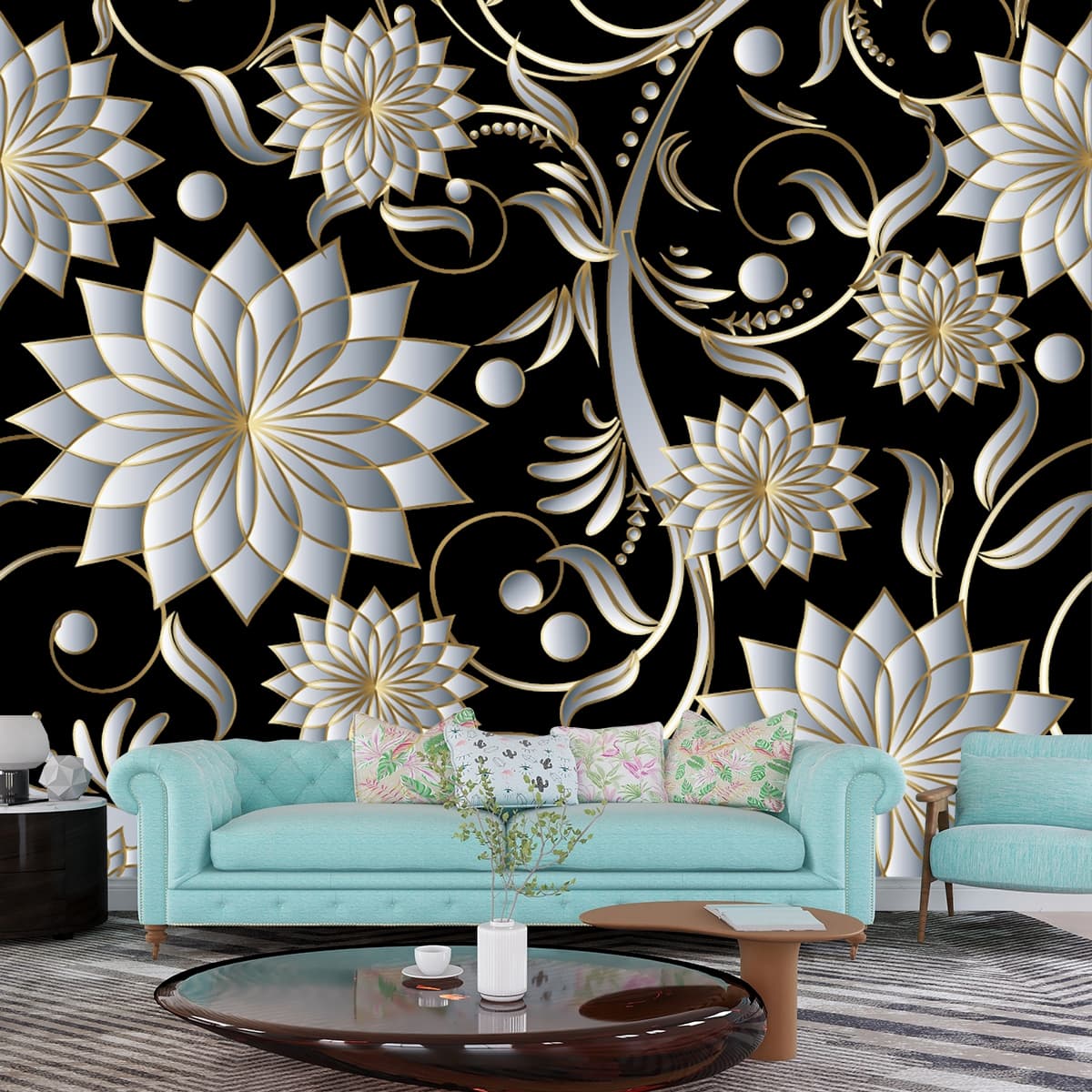 Black and Gold Floral Pattern Wallpaper shown in a room
