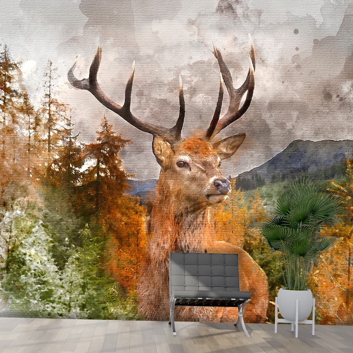 Majestic Deer with Antlers in Forest Wallpaper shown in a room