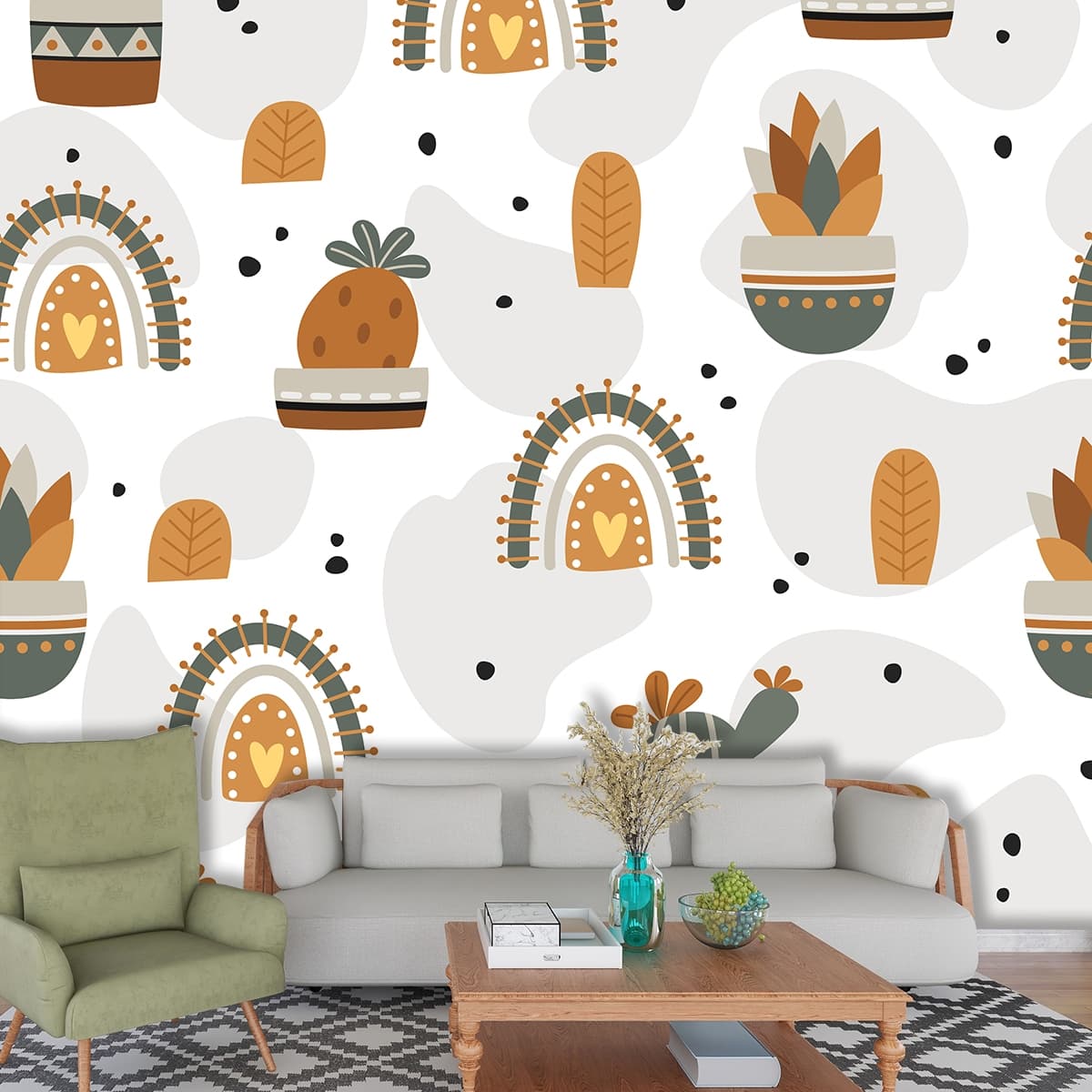 Cute Cactus and Rainbow Abstract Pattern Wallpaper shown in a room