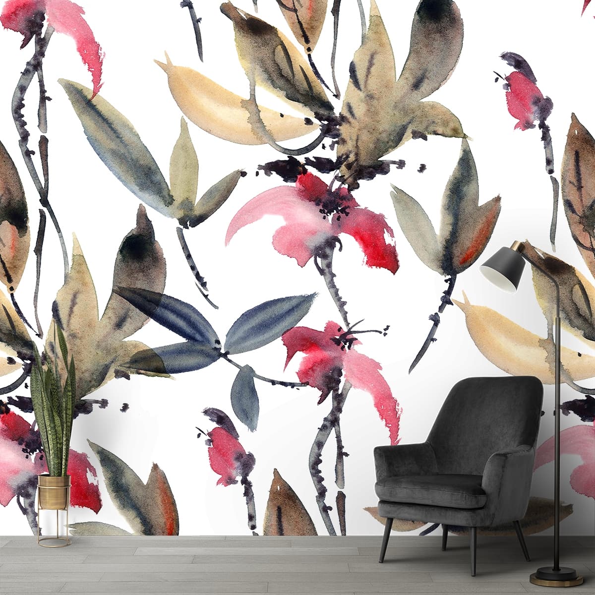 Watercolor Floral Painting Wallpaper Mural shown in a room