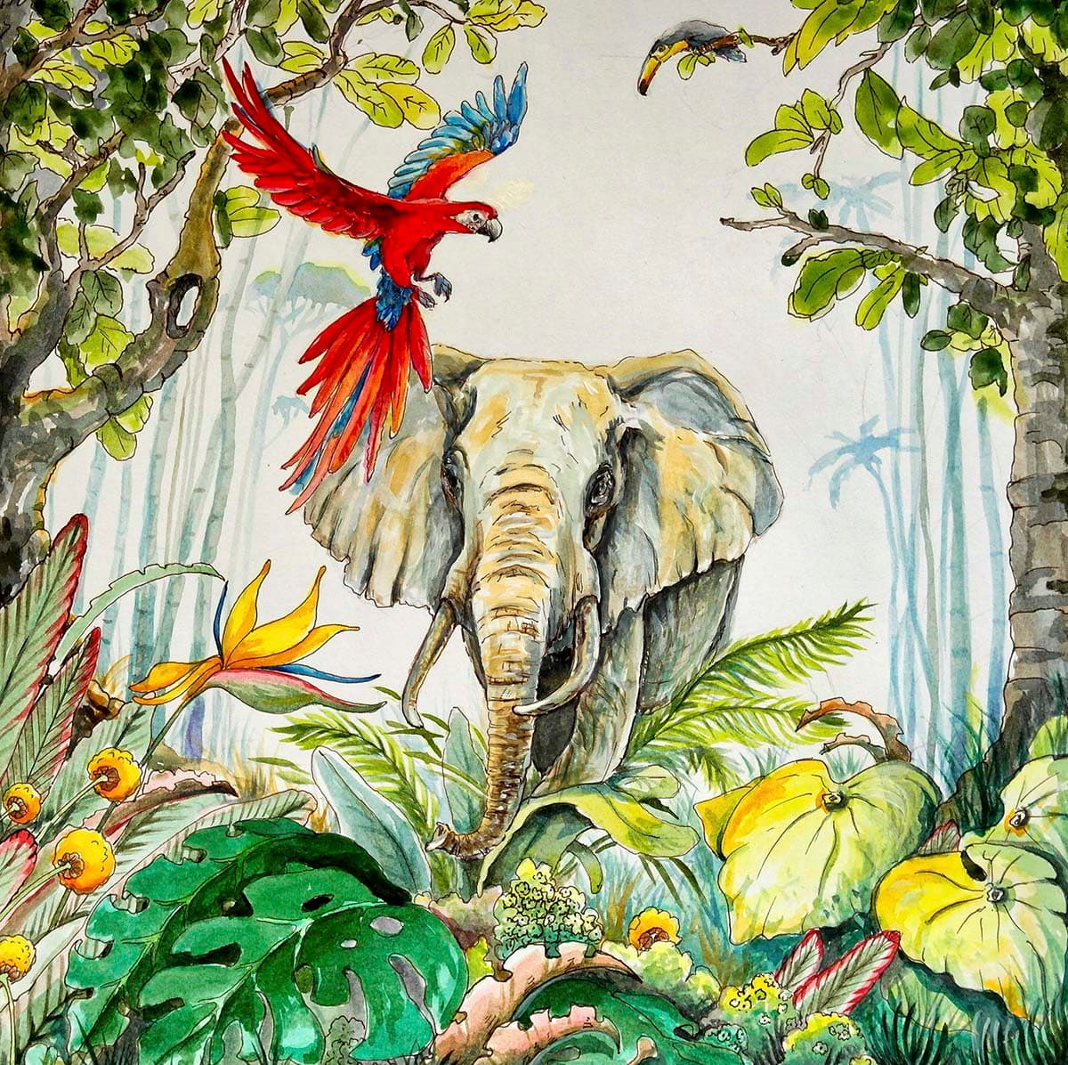 Wallpaper of An Elephant and Parrot in Jungle pattern detail