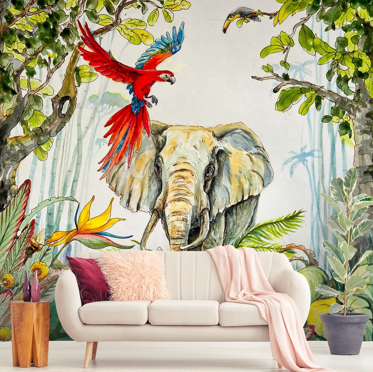 Wallpaper of An Elephant and Parrot in Jungle shown in a room