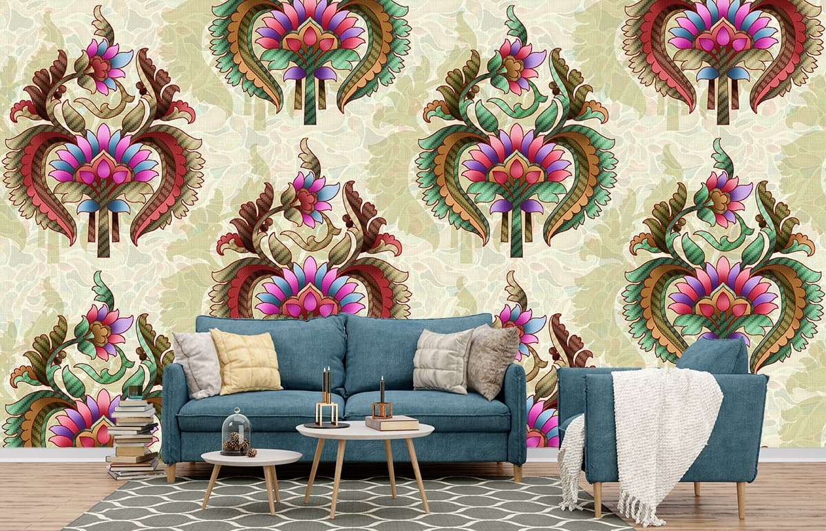 A Luxurious Italian Floral Design Wallpaper shown in a room