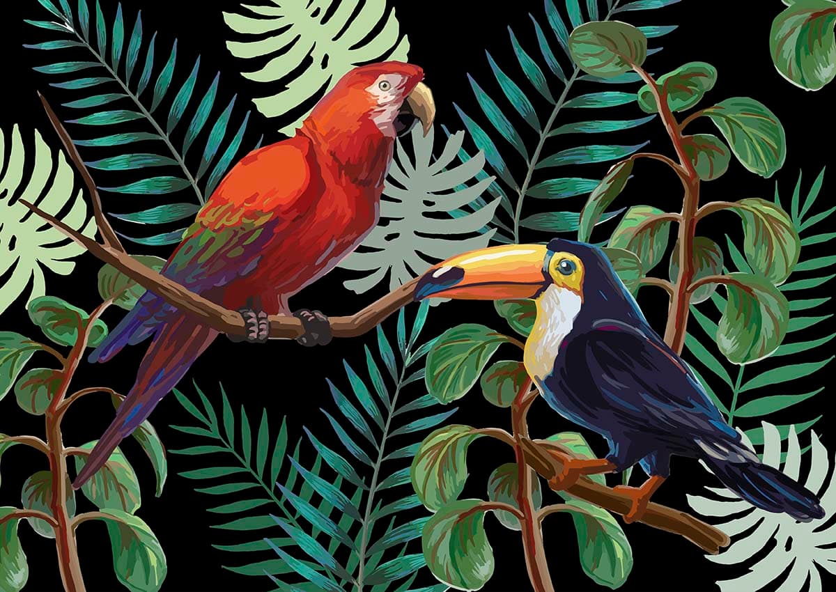 Elegant Birds on Leafy Branch Design Wall Wallpaper pattern detail