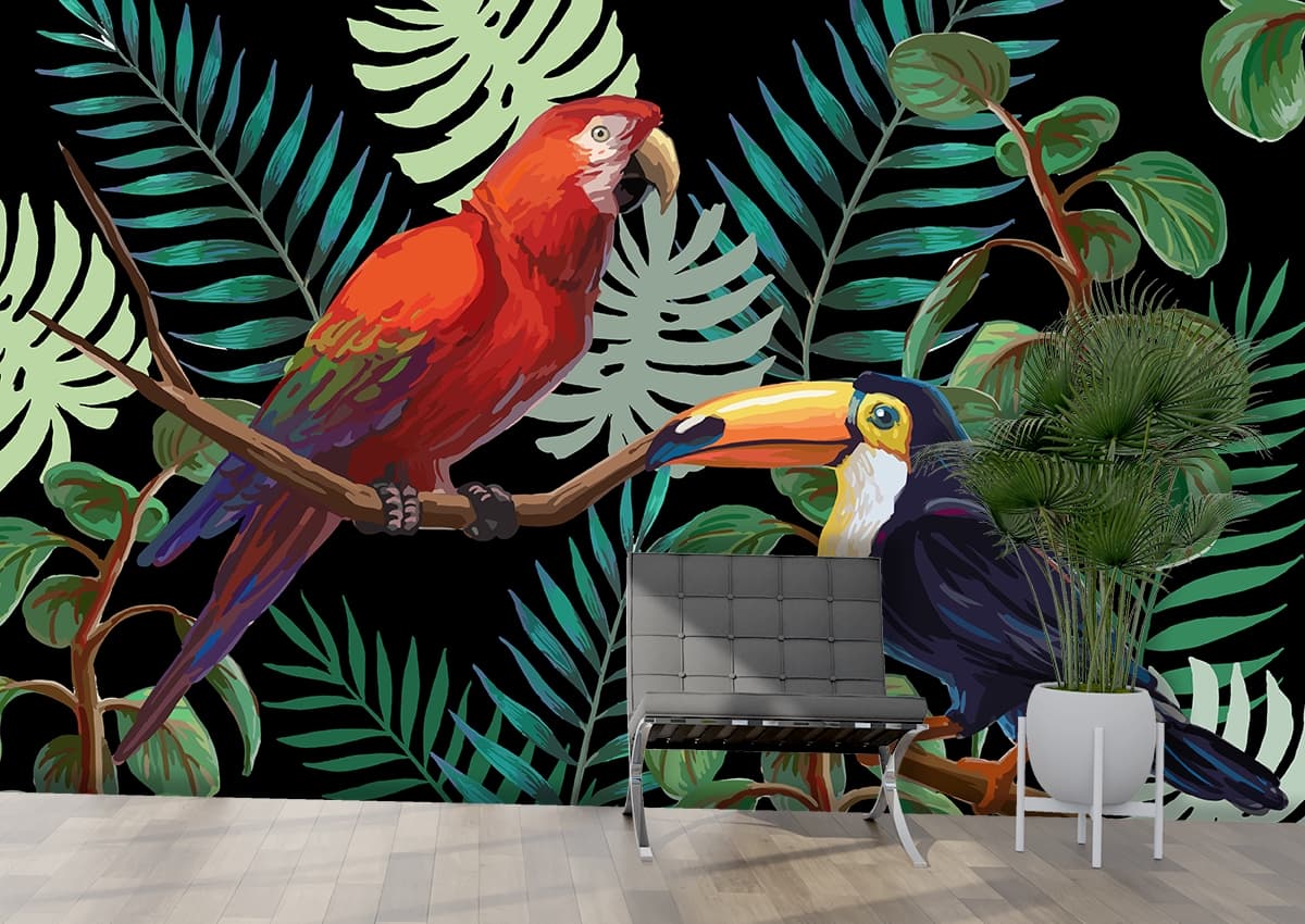 Elegant Birds on Leafy Branch Design Wall Wallpaper shown in a room