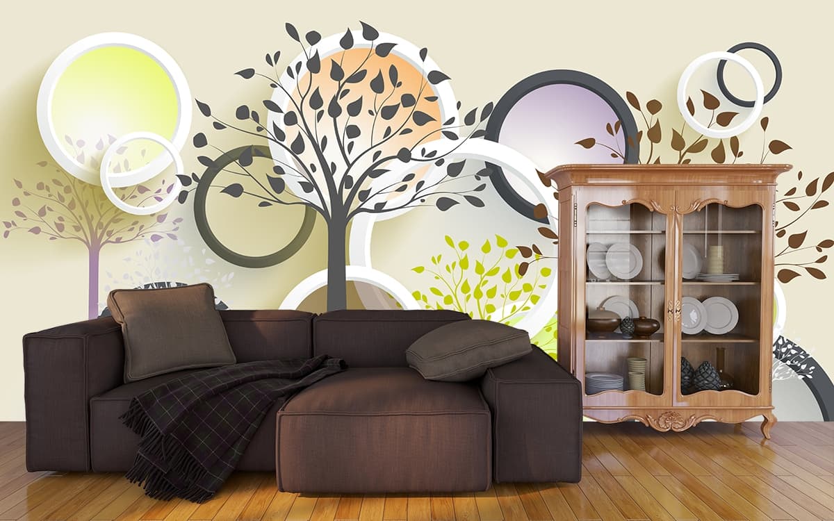 A Group of Trees with Circles Pattern Wallpaper for Wall shown in a room