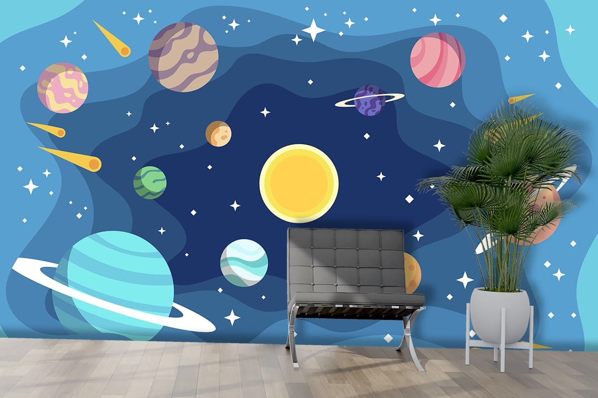 Kids Space Theme Planets and Stars Design Wallpaper shown in a room