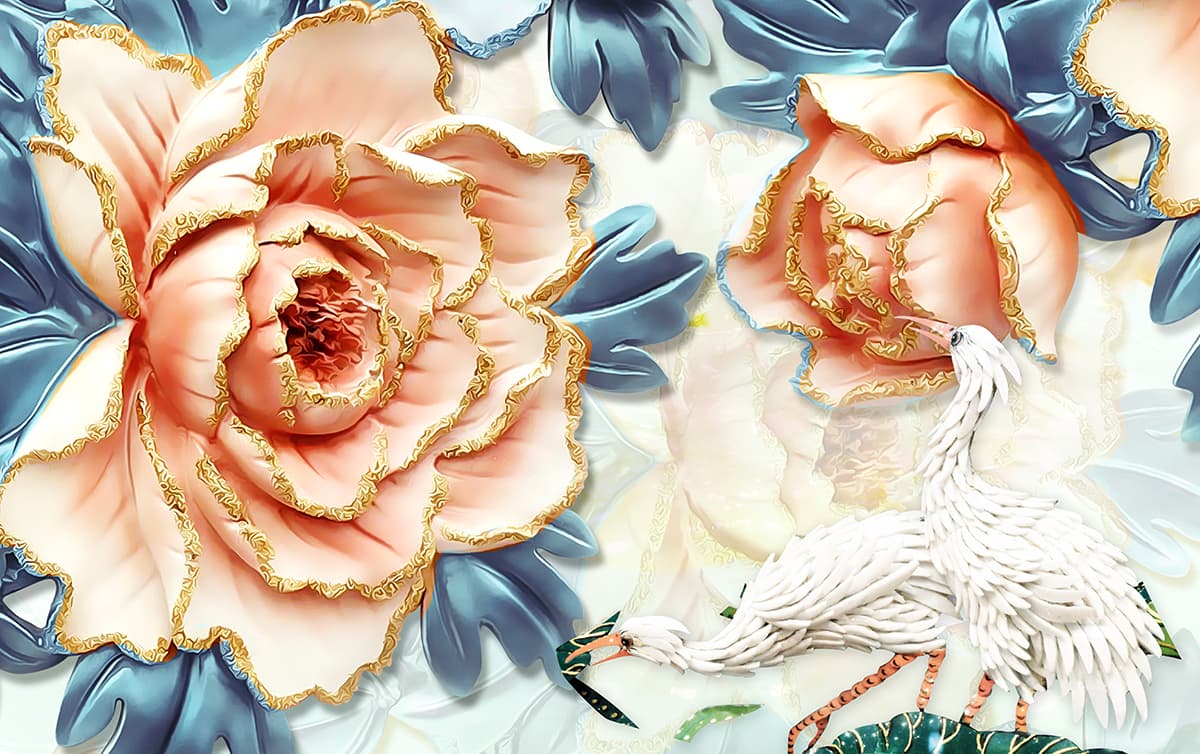 Luxury Soft Pink Rose Blossom and Blue Leaf Wallpaper pattern detail