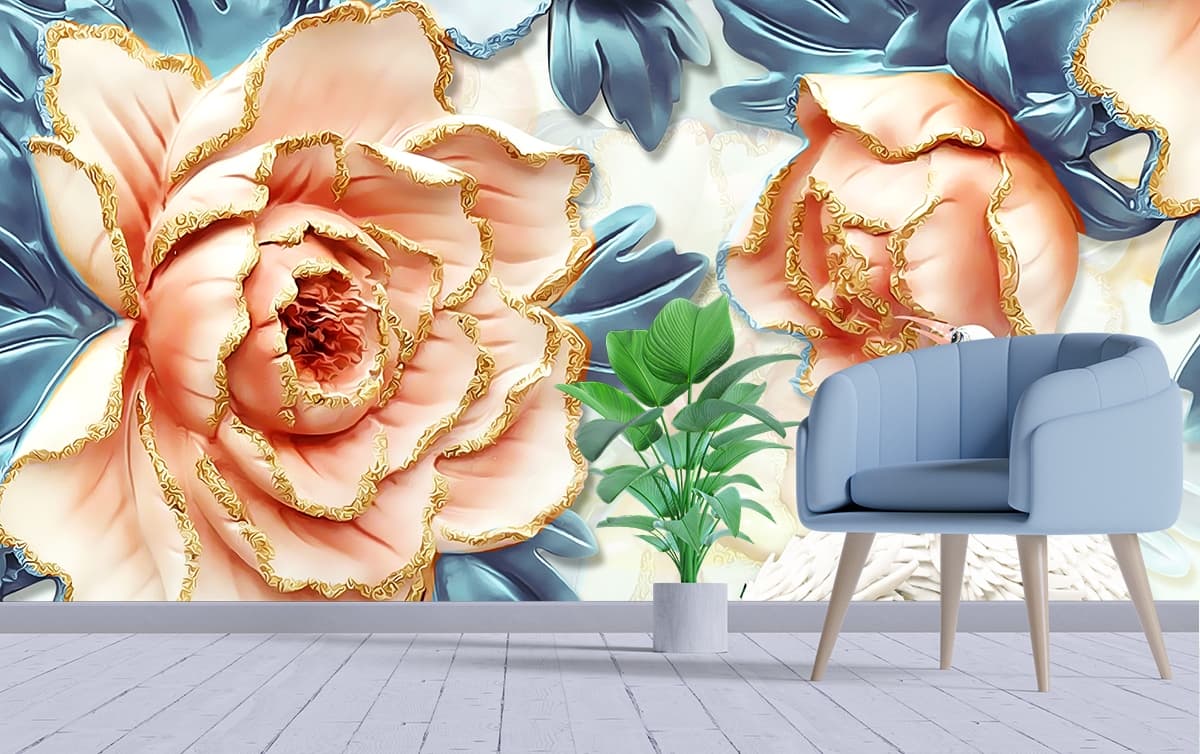 Luxury Soft Pink Rose Blossom and Blue Leaf Wallpaper shown in a room
