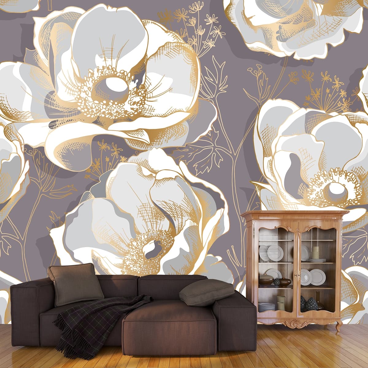 A pattern of white flowers shown in a room