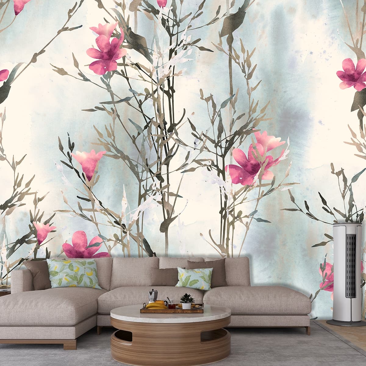 Stylish Botanical Pink Flower Pattern Wallpaper shown in a room