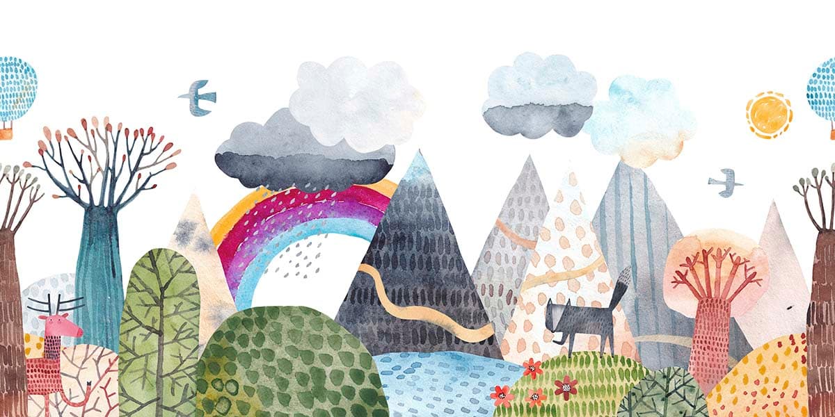 Watercolor Mountains and Fox Nature Wallpaper pattern detail