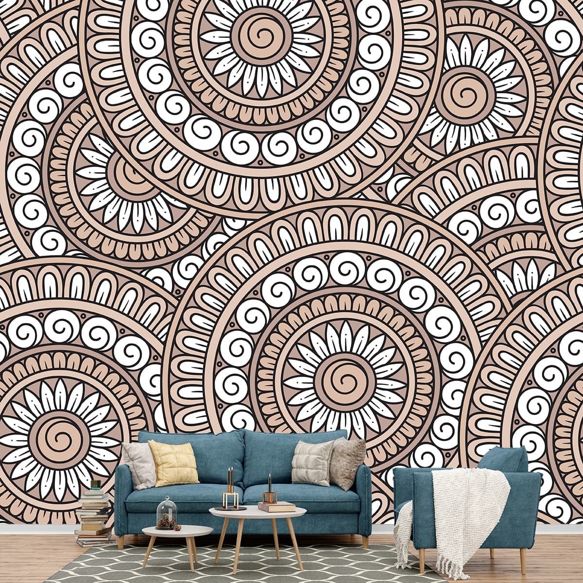A pattern of circles and lines with Selimiye Mosque in the background shown in a room