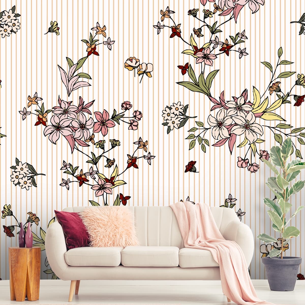 Floral Pattern on Striped Background Wall Mural Wallpaper shown in a room