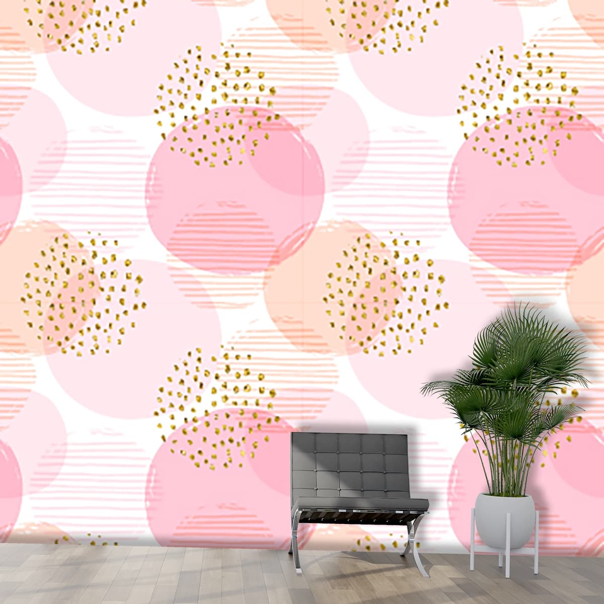 Trendy Pink Orange Abstract Circles and Stripes Wallpaper shown in a room