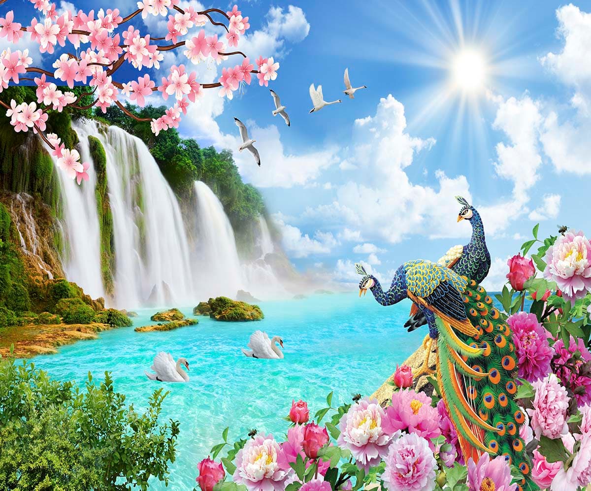 Waterfall with Birds and Floral Scenic Wallpaper pattern detail