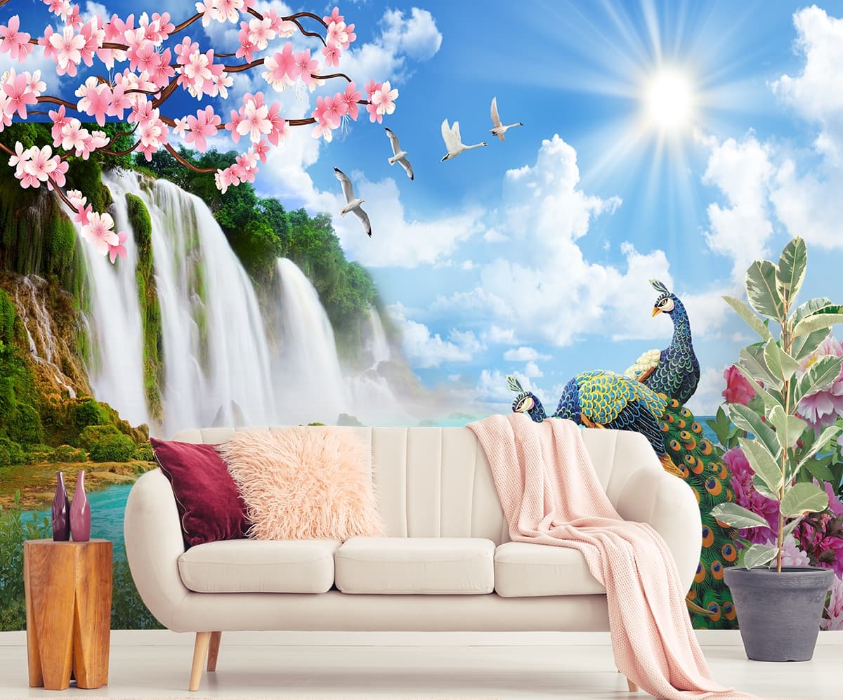 Waterfall with Birds and Floral Scenic Wallpaper shown in a room