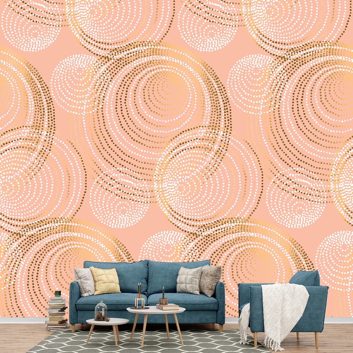 Modern Circular Geometric Pattern Wallpaper shown in a room