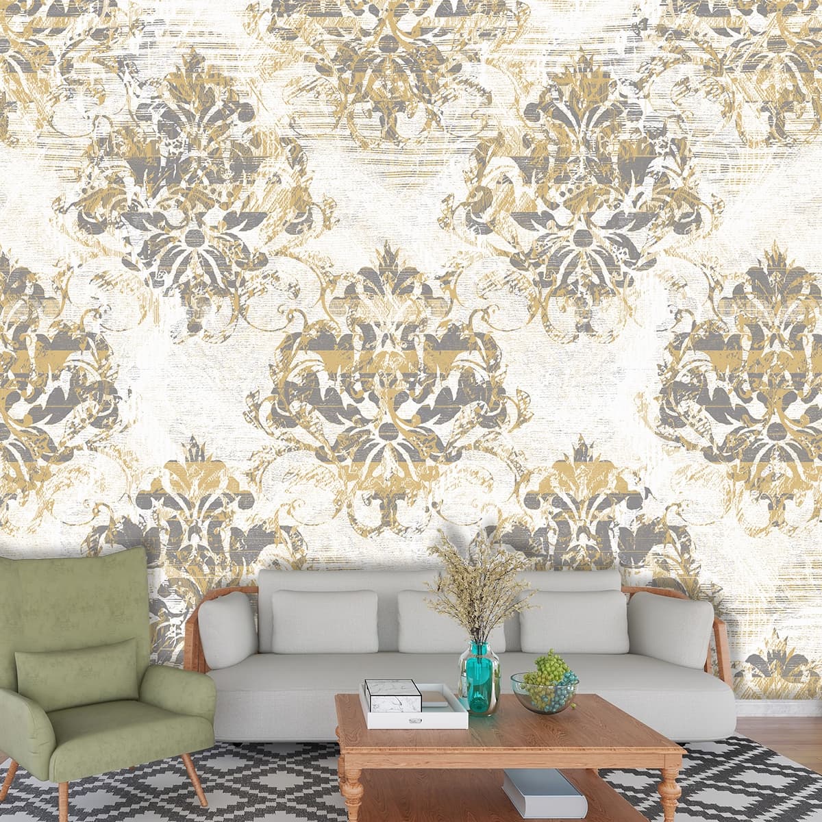 Premium Gold and Grey Flower Pattern Wallpaper shown in a room