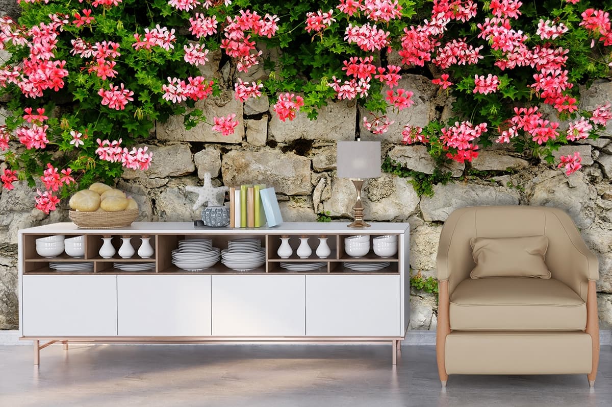 Premium Stone Wall Pink Blossom Design Wallpaper shown in a room
