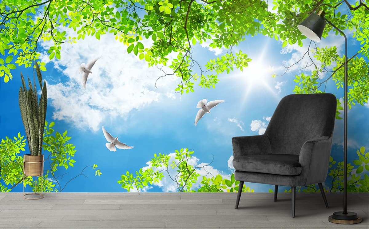 Ceiling Wallpaper With Green Trees and Birdy Flying in Clear Sky shown in a room