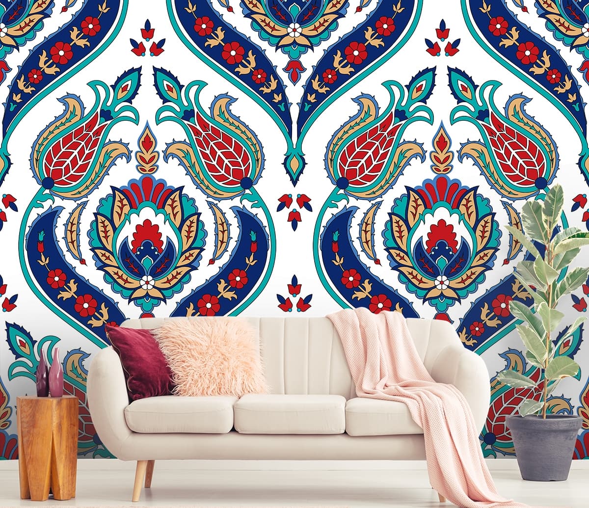 A colorful pattern on a white background shown in a room