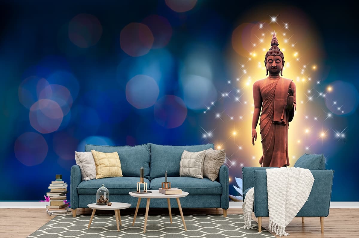 Elegant Statue Lotus Water Calm Scene Wallpaper shown in a room
