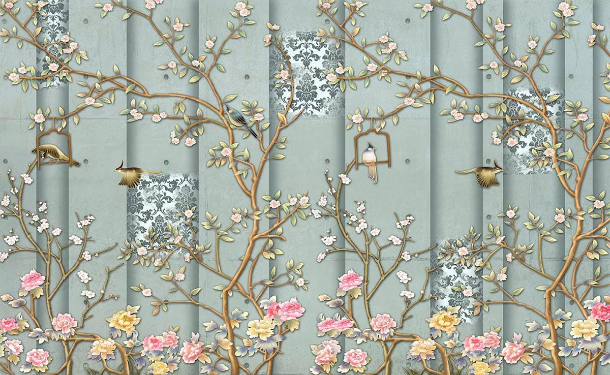 Birds and Flowers Pattern Nature Wall Mural Wallpaper pattern detail