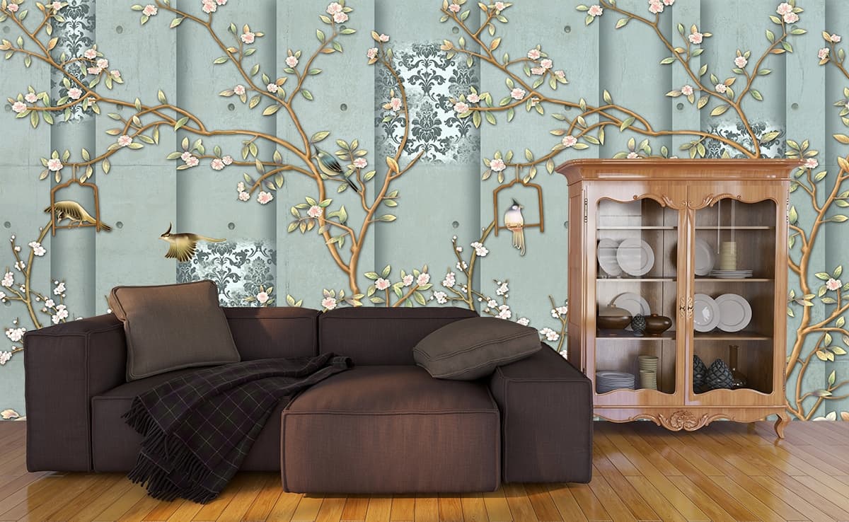 Birds and Flowers Pattern Nature Wall Mural Wallpaper shown in a room