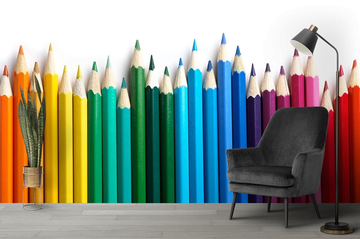 3D Dining Room Wallpaper of Group of Colored Pencils shown in a room