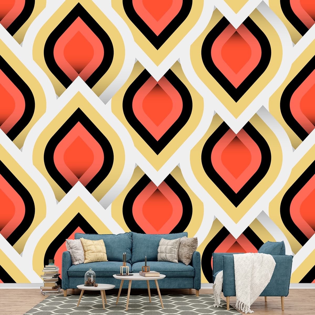 A pattern of orange and black shapes shown in a room