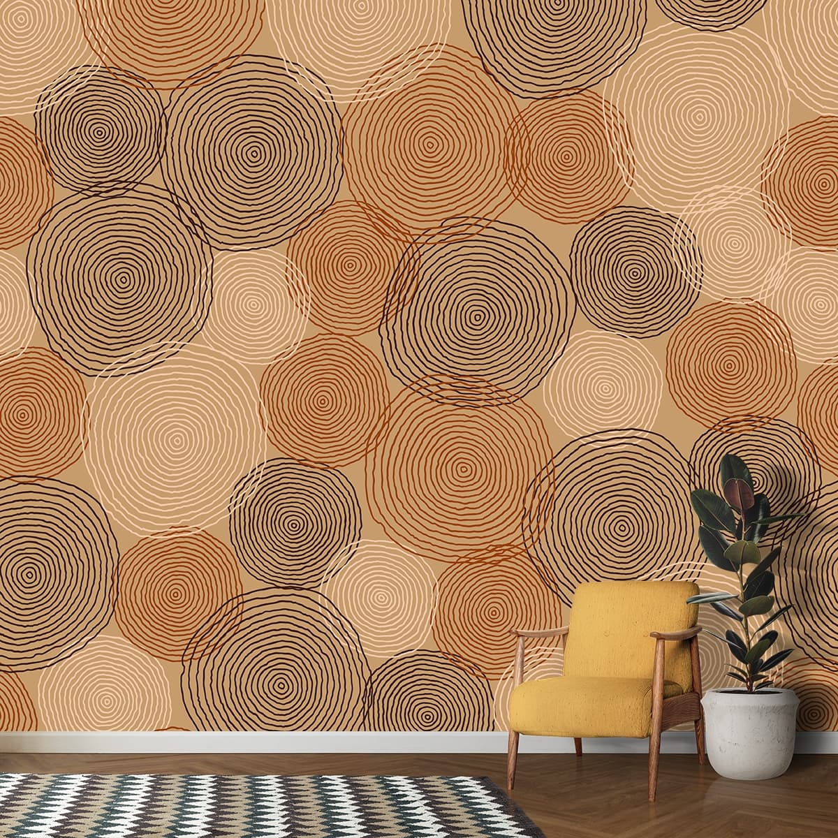 Luxury Brown and Beige Log Slice Pattern Wallpaper shown in a room