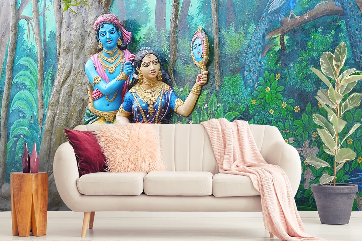 Radha Krishna Statue Wallpaper Mural shown in a room