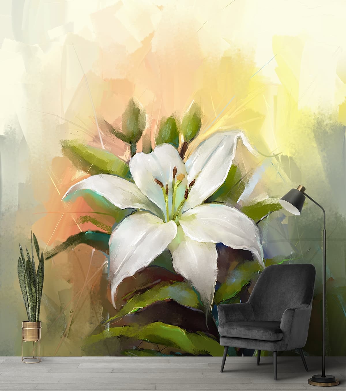 A white flower with green leaves shown in a room