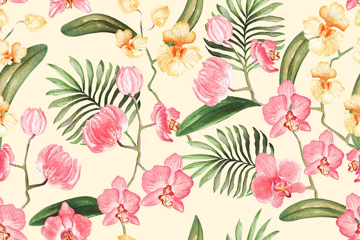 Watercolor Pink Orchids Flowers Wallpaper Mural pattern detail
