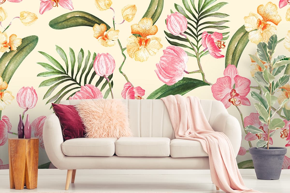 Watercolor Pink Orchids Flowers Wallpaper Mural shown in a room