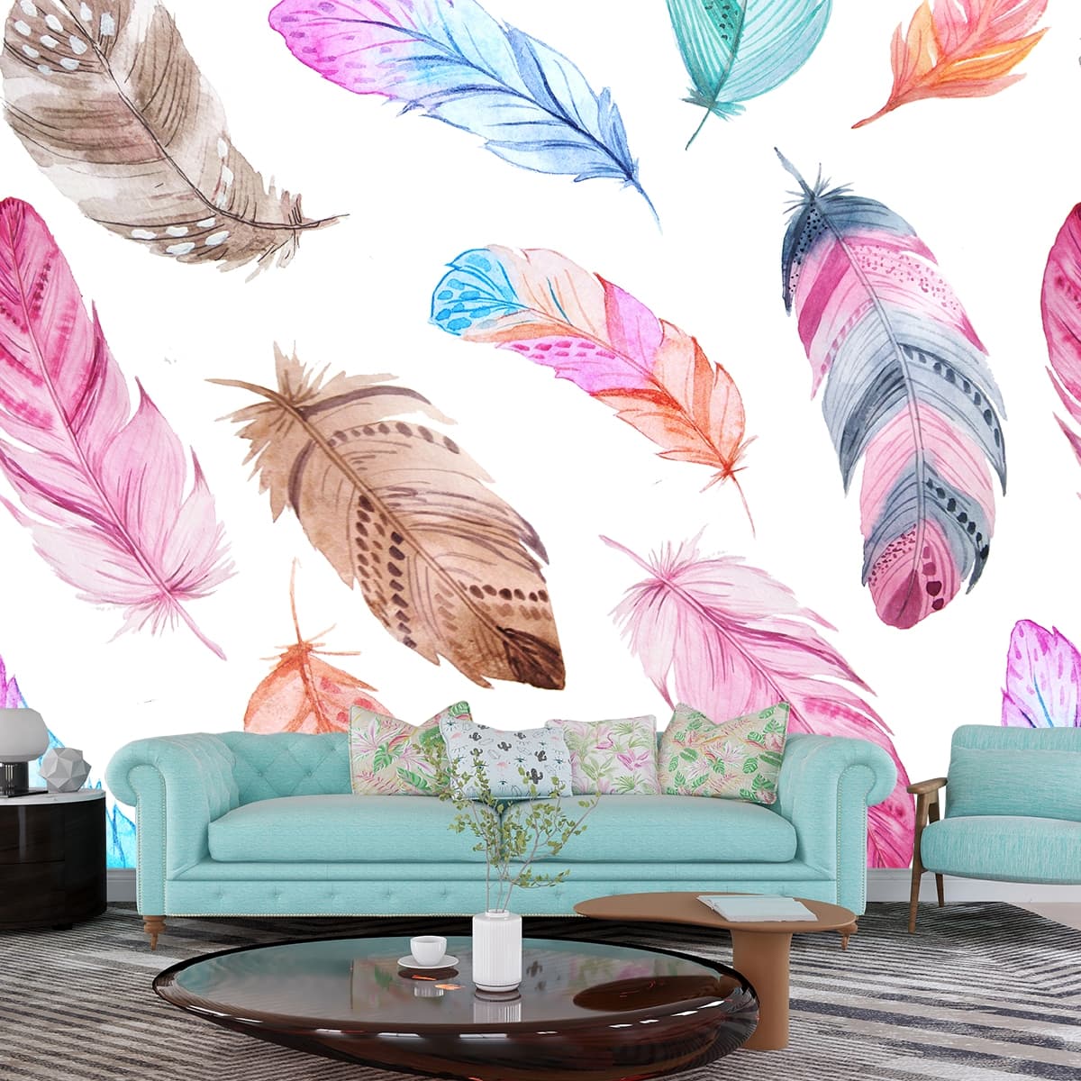 Nature Inspired Colorful Feather Pattern wallpaper shown in a room
