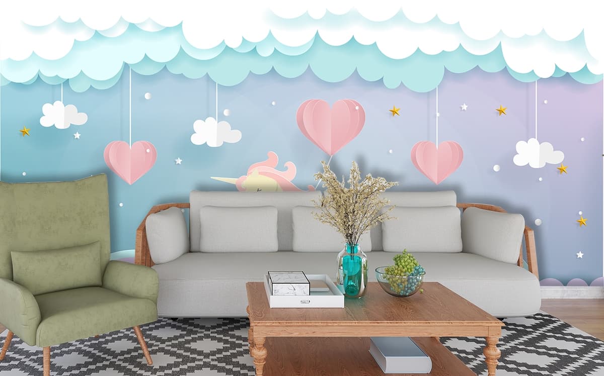 Little Pony Unicorn Kids Room Wallpaper shown in a room