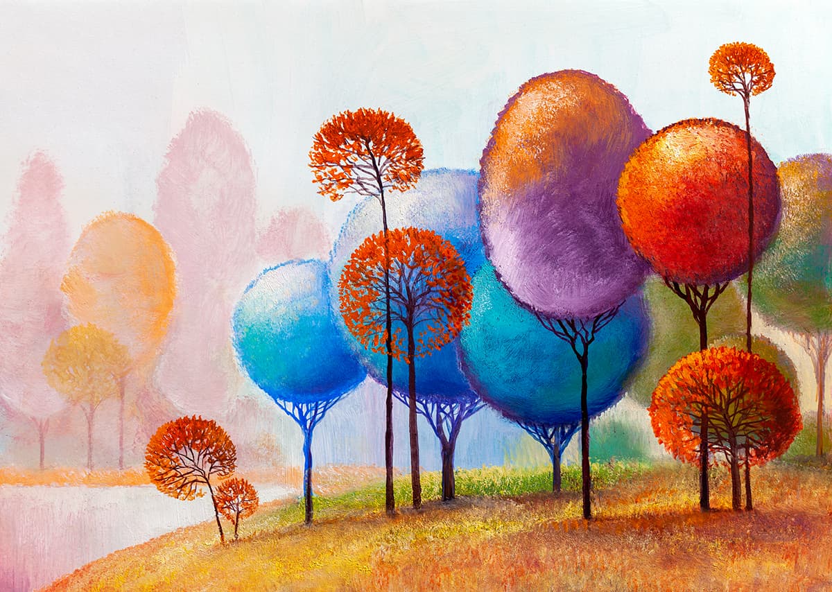 A painting of trees with orange and blue leaves pattern detail