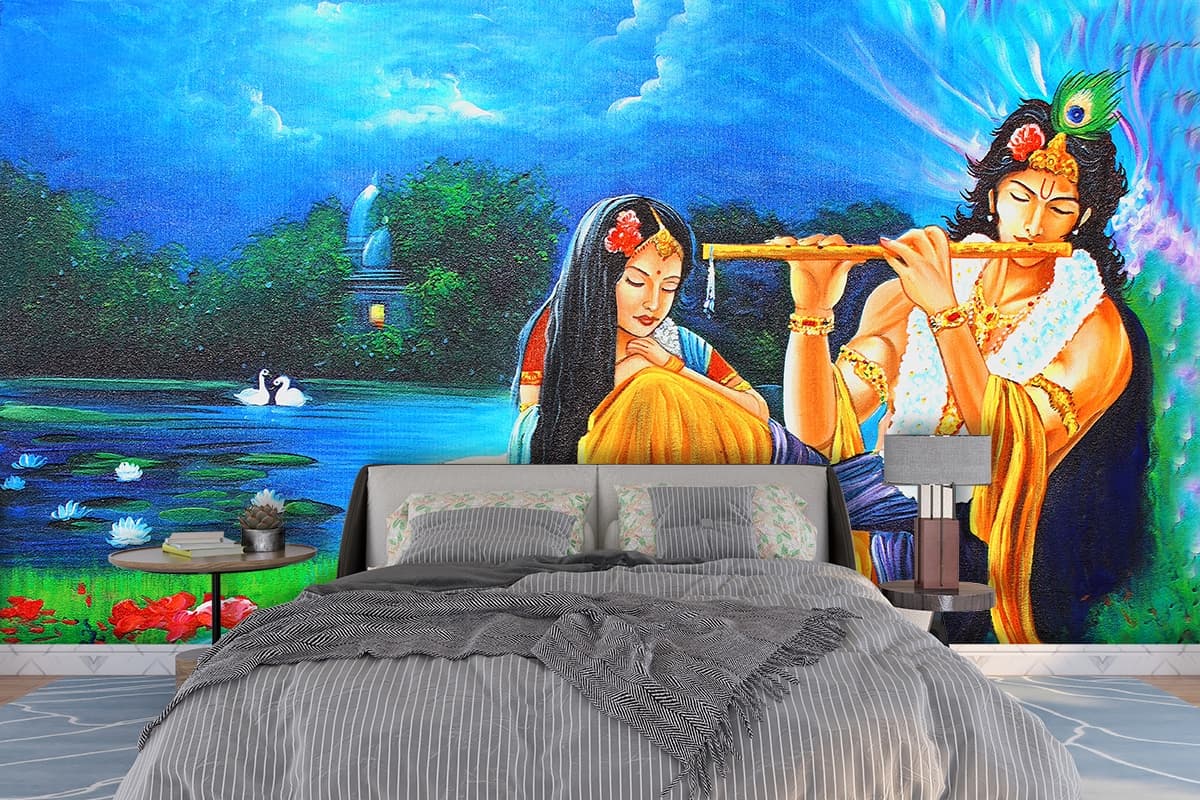 Radhe Krishna Divine Painting Wallpaper Mural shown in a room