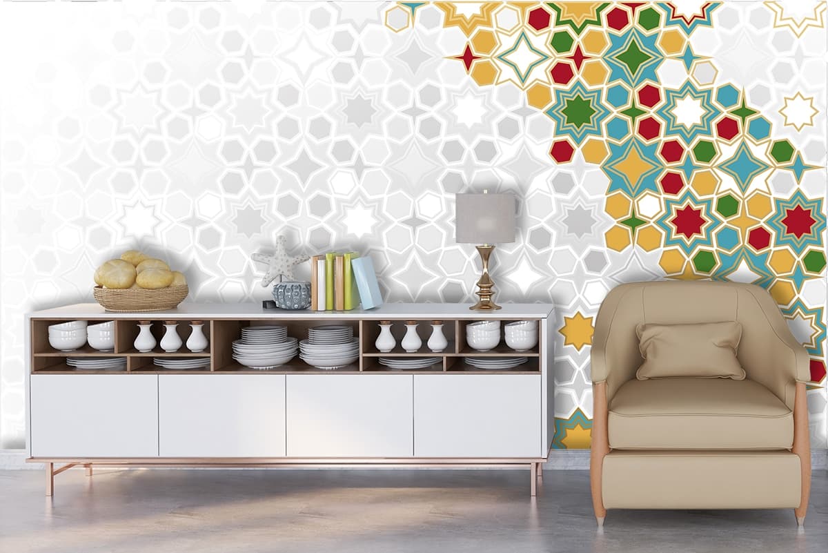A colorful pattern of stars shown in a room