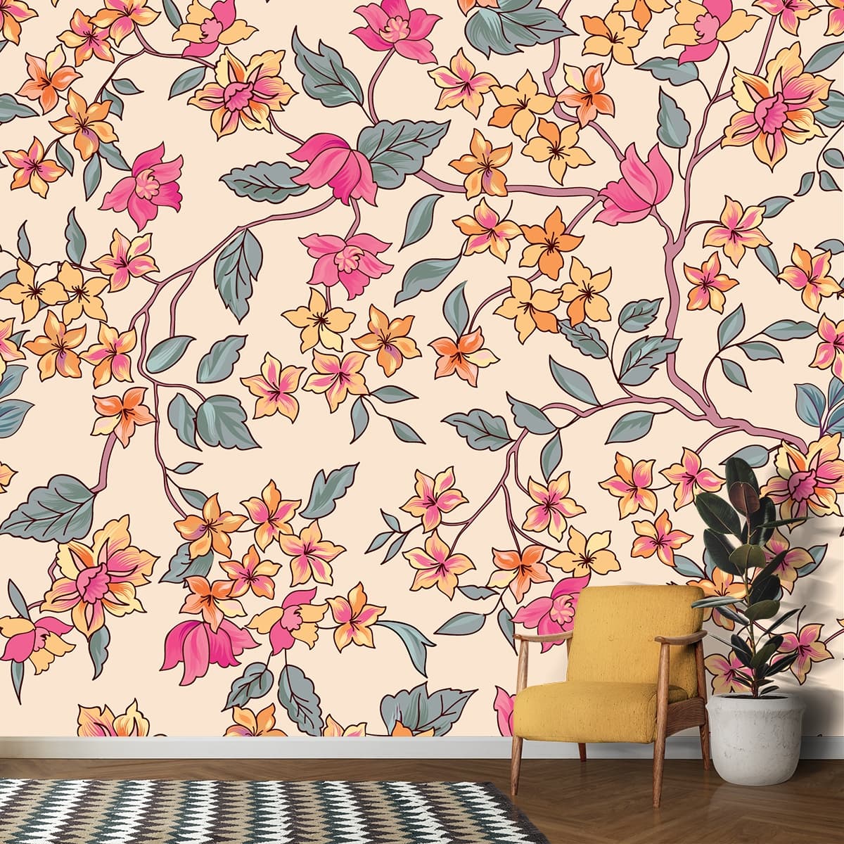 A Colorful Blossom Wallpaper Mural shown in a room