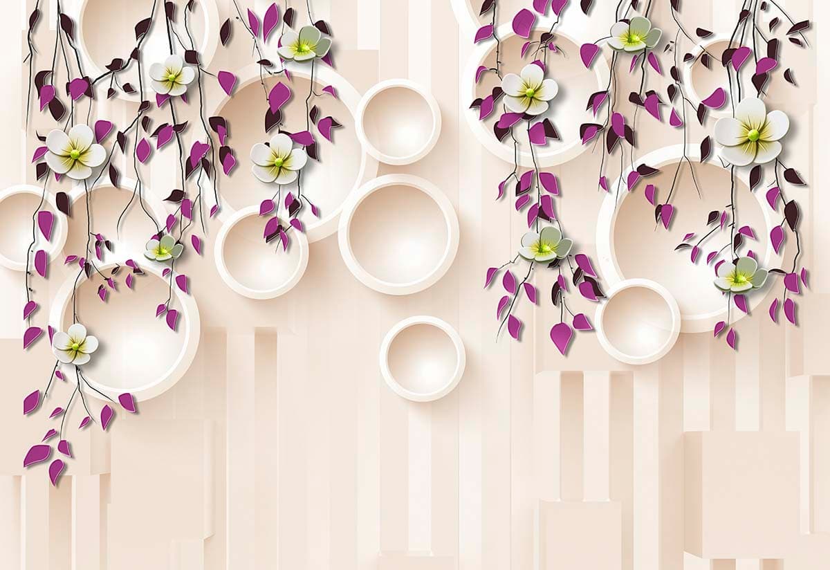 Hanging Flowers and Leaves With 3D Rings Wallpaper pattern detail