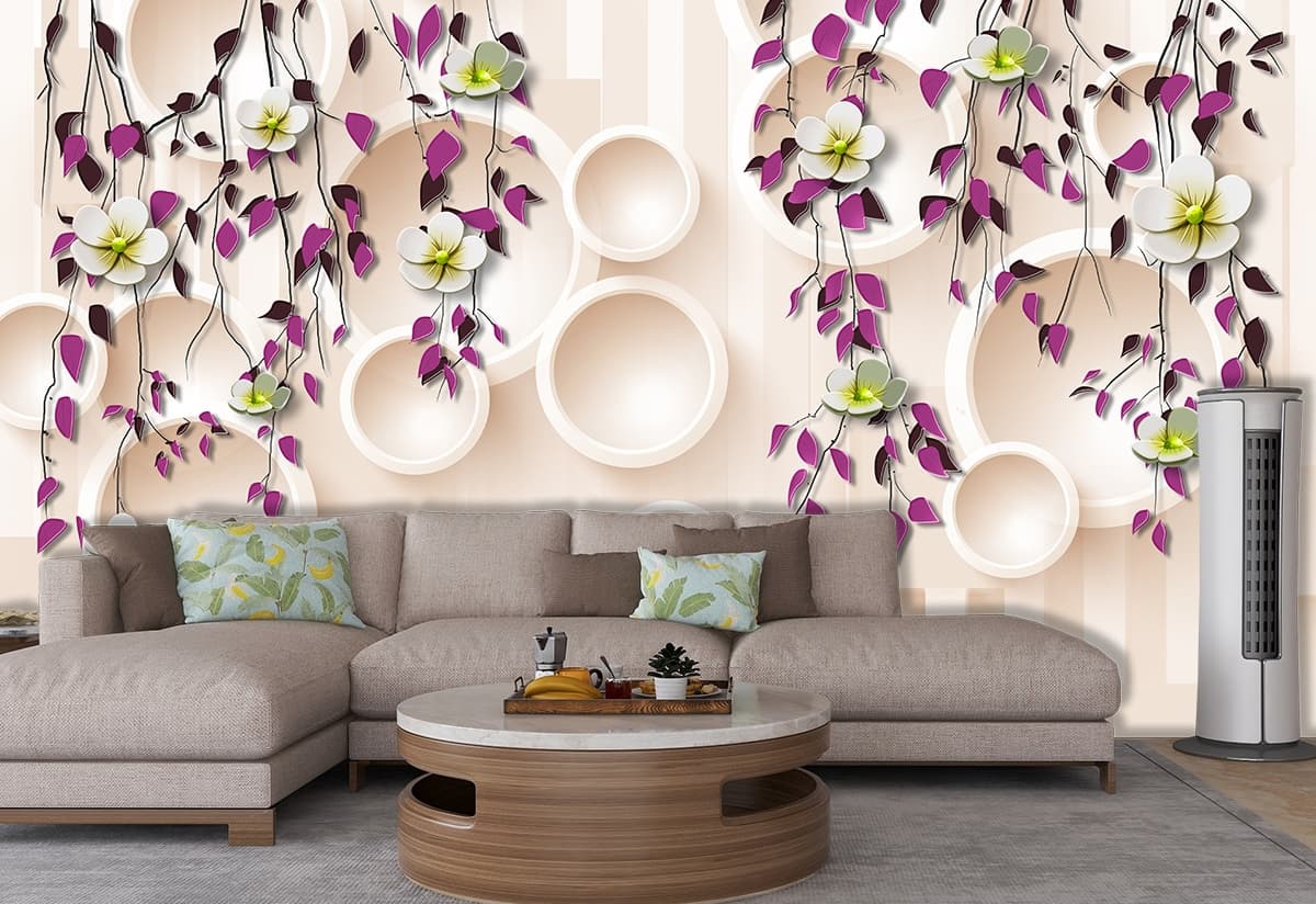 Hanging Flowers and Leaves With 3D Rings Wallpaper shown in a room
